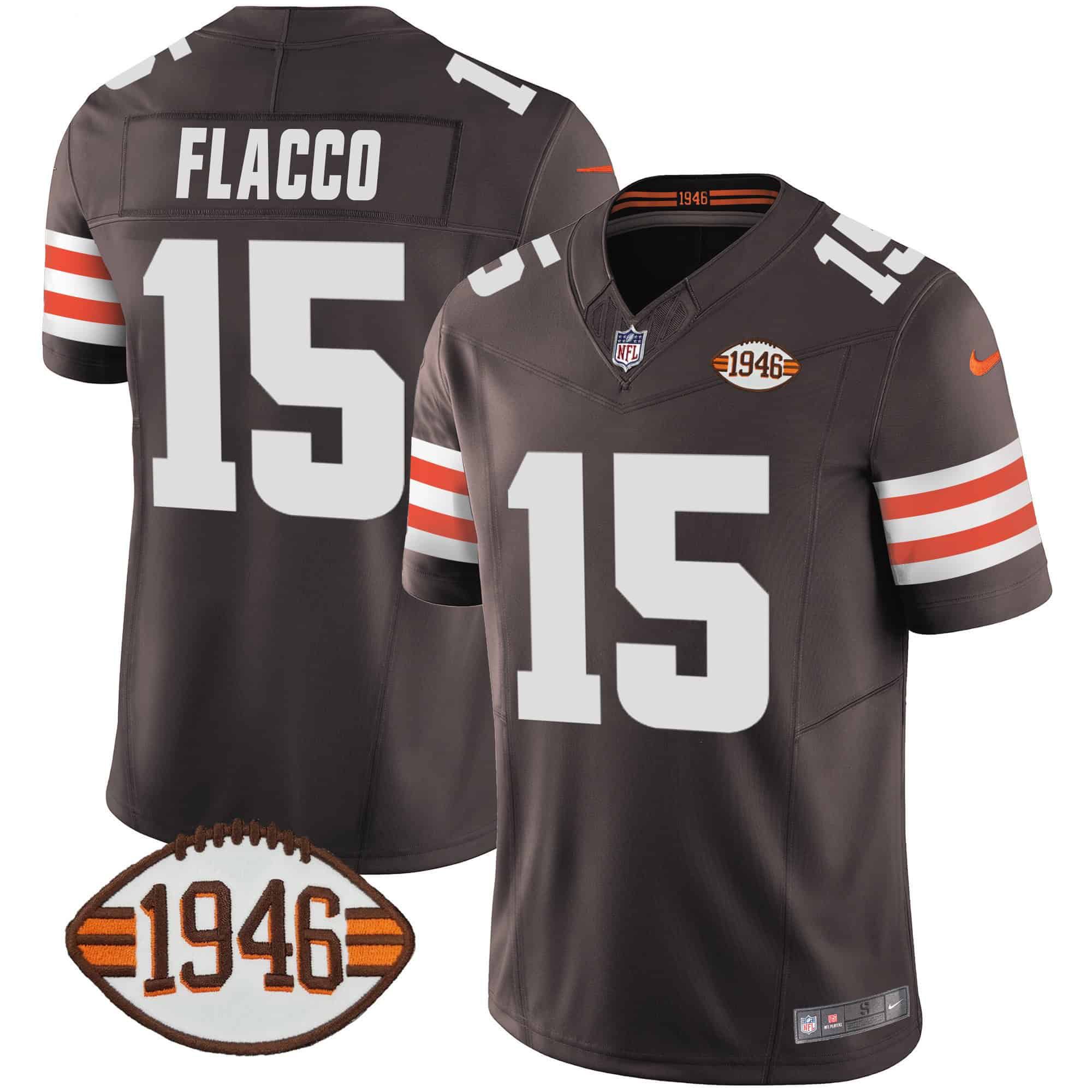 Men Cleveland Browns 15 Flacco Brown 1946 75th Anniversary Patch 2024 Nike NFL Jersey style 1